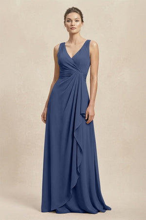 V - Neck Ruffled Ruched Chiffon A - Line Bridesmaid Dress in Navy - SHE IS ME Bridesmaid Dresses