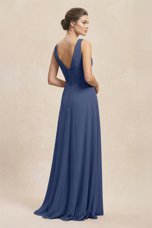 V - Neck Ruffled Ruched Chiffon A - Line Bridesmaid Dress in Navy - SHE IS ME Bridesmaid Dresses