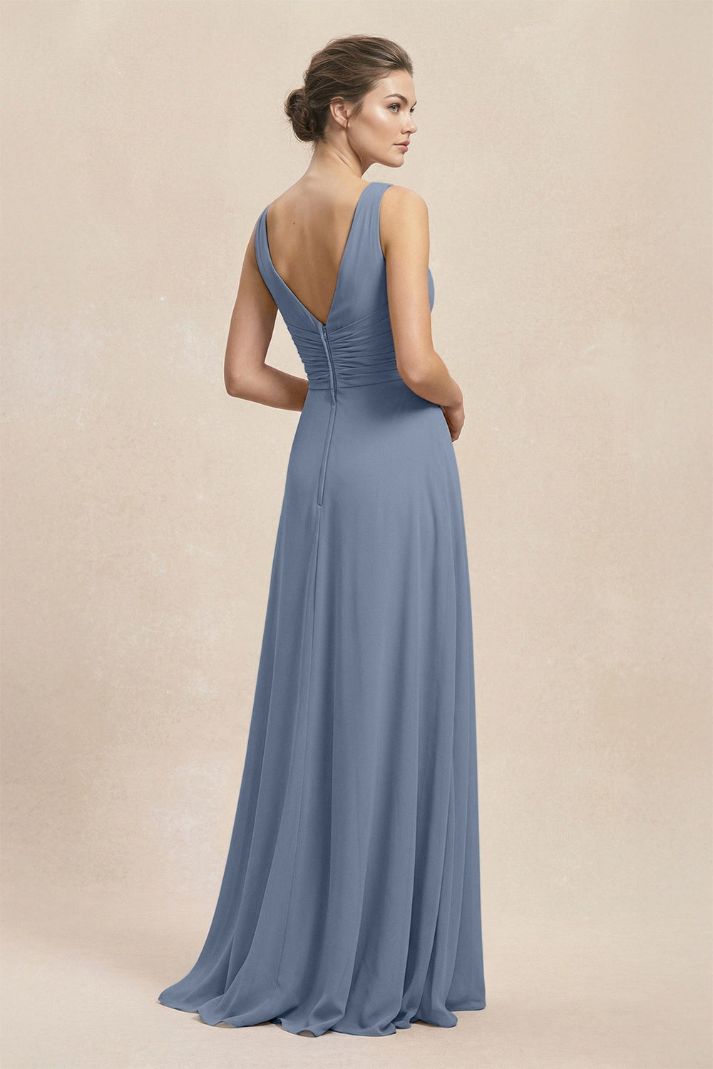 V - Neck Ruffled Ruched Chiffon A - Line Bridesmaid Dress in Neptune - KISS BRIDAL Bridesmaid Dresses
