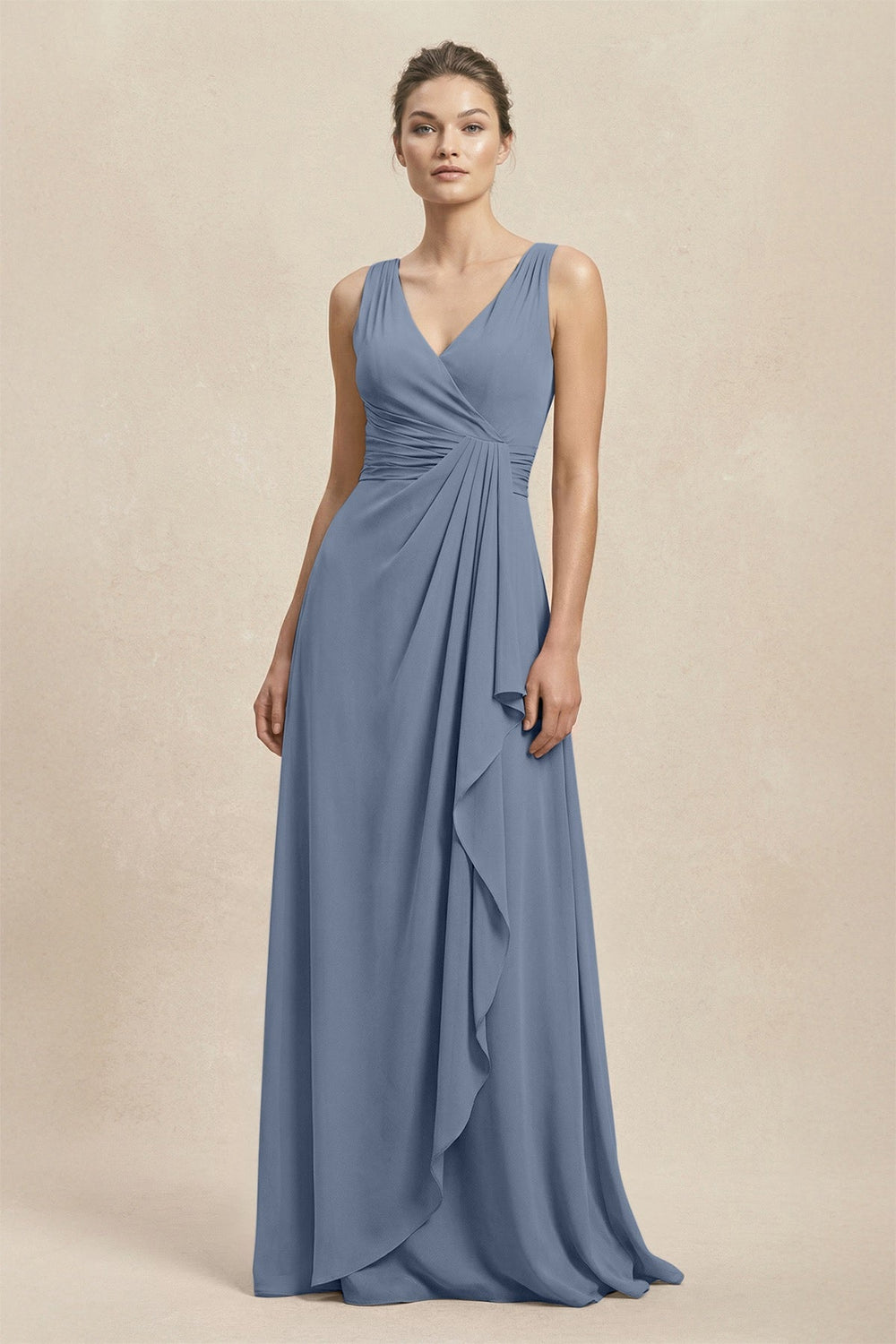 V - Neck Ruffled Ruched Chiffon A - Line Bridesmaid Dress in Neptune - KISS BRIDAL Bridesmaid Dresses