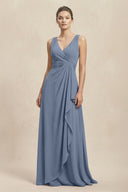 V - Neck Ruffled Ruched Chiffon A - Line Bridesmaid Dress in Neptune - SHE IS ME Bridesmaid Dresses