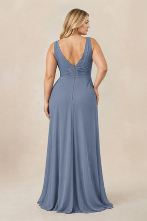 V-Neck Ruffled Ruched Chiffon A-Line Bridesmaid Dress in Neptune [sizeplus] | KISSBRIDAL