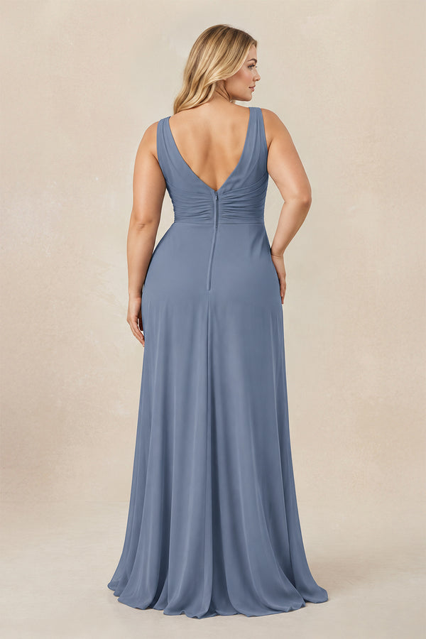 V-Neck Ruffled Ruched Chiffon A-Line Bridesmaid Dress in Neptune [sizeplus] | KISSBRIDAL