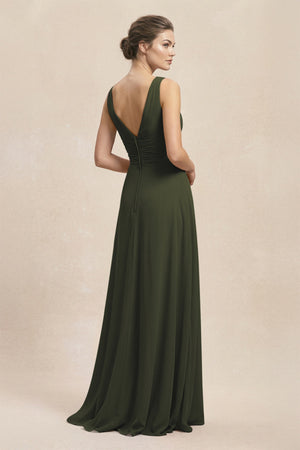 V-Neck Ruffled Ruched Chiffon A-Line Bridesmaid Dress in Olive (2) | KISSBRIDAL