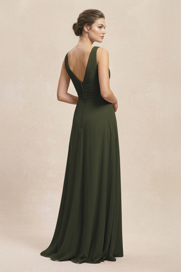 V-Neck Ruffled Ruched Chiffon A-Line Bridesmaid Dress in Olive (2) | KISSBRIDAL