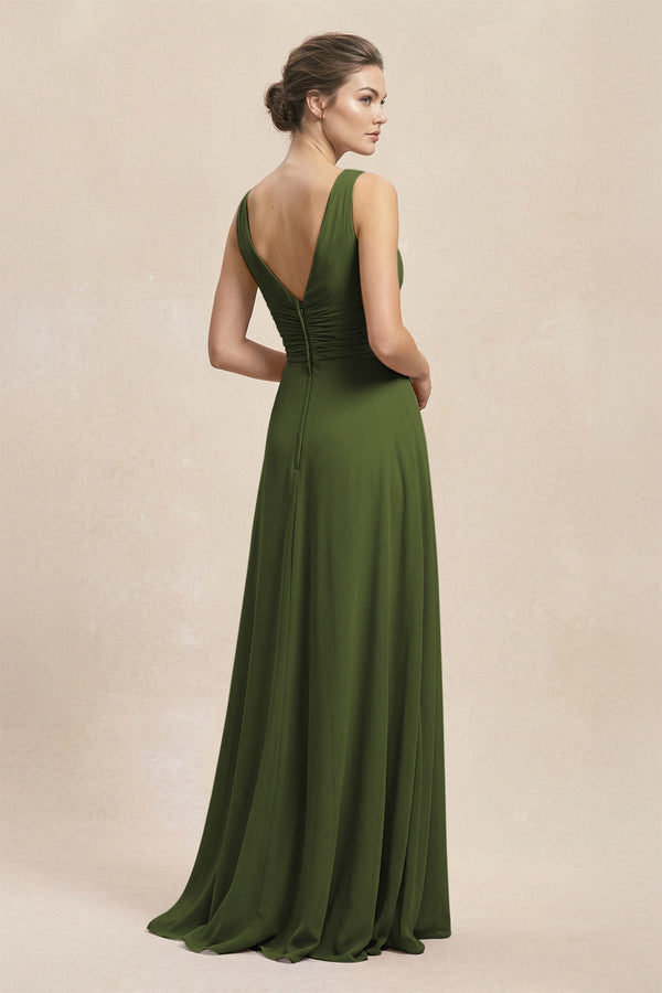 V - Neck Ruffled Ruched Chiffon A - Line Bridesmaid Dress in Olive - SHE IS ME Bridesmaid Dresses