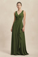 V - Neck Ruffled Ruched Chiffon A - Line Bridesmaid Dress in Olive - SHE IS ME Bridesmaid Dresses