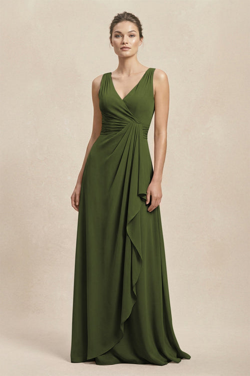 V - Neck Ruffled Ruched Chiffon A - Line Bridesmaid Dress in Olive - SHE IS ME Bridesmaid Dresses