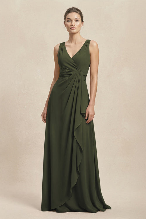 V-Neck Ruffled Ruched Chiffon A-Line Bridesmaid Dress in Olive | KISSBRIDAL