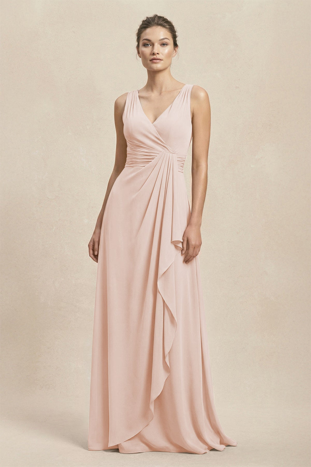 V - Neck Ruffled Ruched Chiffon A - Line Bridesmaid Dress in Pale Blush - KISS BRIDAL Bridesmaid Dresses