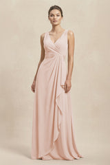 V - Neck Ruffled Ruched Chiffon A - Line Bridesmaid Dress in Pale Blush - KISS BRIDAL Bridesmaid Dresses