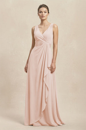 V - Neck Ruffled Ruched Chiffon A - Line Bridesmaid Dress in Pale Blush - SHE IS ME Bridesmaid Dresses