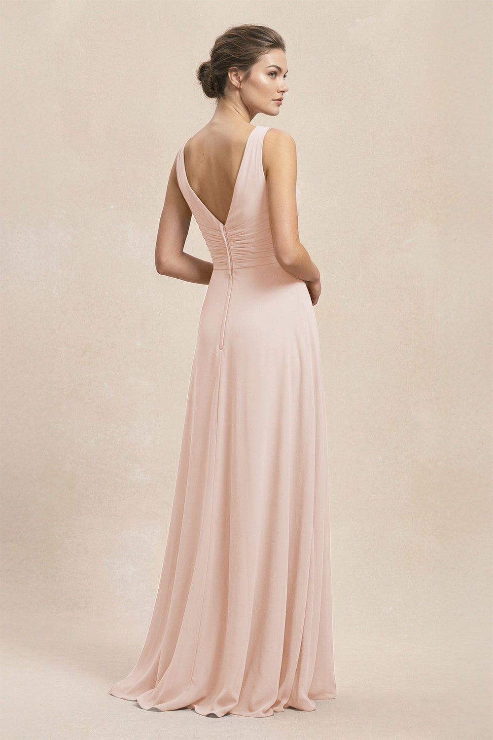 V - Neck Ruffled Ruched Chiffon A - Line Bridesmaid Dress in Pale Blush - KISS BRIDAL Bridesmaid Dresses