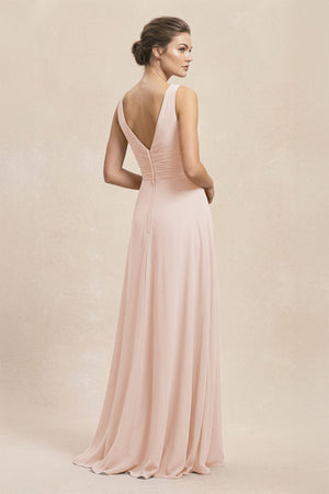V - Neck Ruffled Ruched Chiffon A - Line Bridesmaid Dress in Pale Blush - SHE IS ME Bridesmaid Dresses