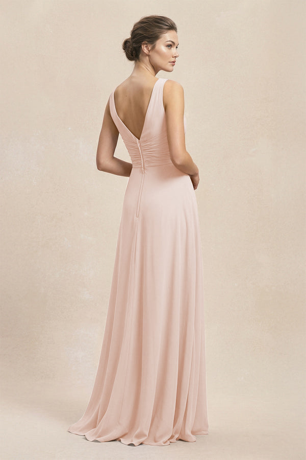 V - Neck Ruffled Ruched Chiffon A - Line Bridesmaid Dress in Pale Blush - SHE IS ME Bridesmaid Dresses