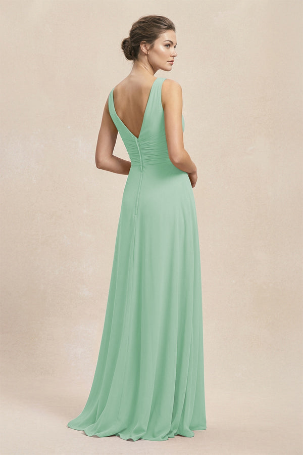 V - Neck Ruffled Ruched Chiffon A - Line Bridesmaid Dress in Pale Pistachio - SHE IS ME Bridesmaid Dresses