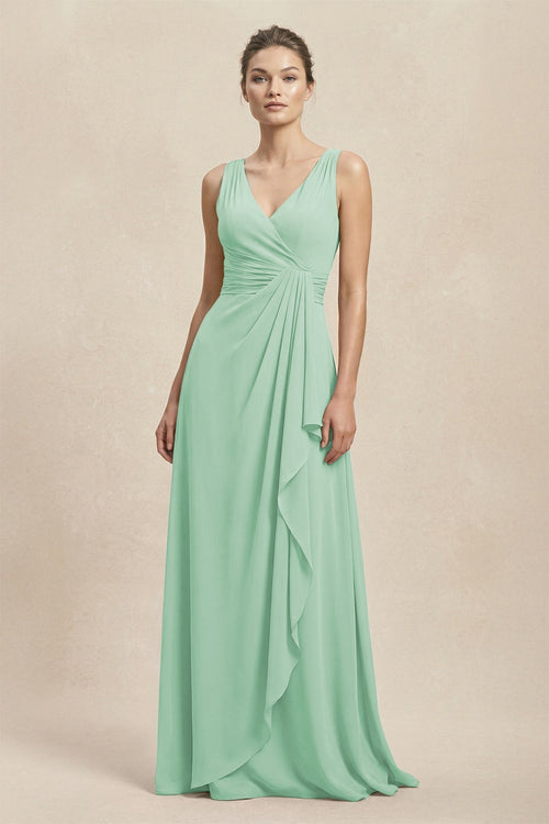 V - Neck Ruffled Ruched Chiffon A - Line Bridesmaid Dress in Pale Pistachio - SHE IS ME Bridesmaid Dresses