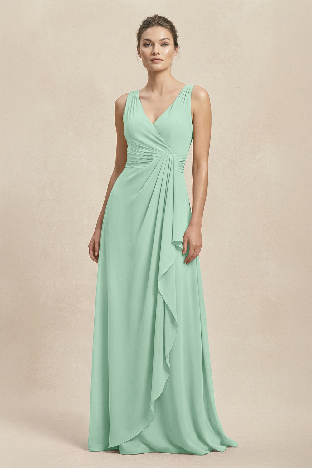 V-Neck Ruffled Ruched Chiffon A-Line Bridesmaid Dress in Pale Pistachio
