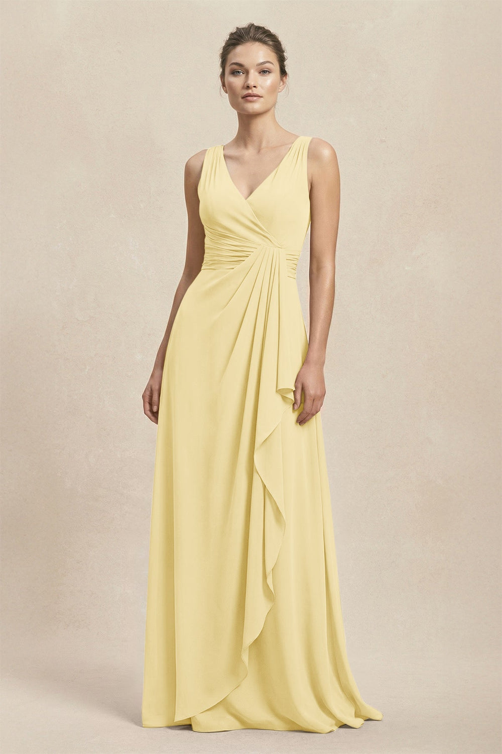 V - Neck Ruffled Ruched Chiffon A - Line Bridesmaid Dress in Pastel Yellow - KISS BRIDAL Bridesmaid Dresses