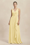 V - Neck Ruffled Ruched Chiffon A - Line Bridesmaid Dress in Pastel Yellow - SHE IS ME Bridesmaid Dresses
