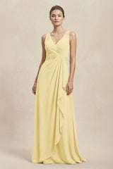 V - Neck Ruffled Ruched Chiffon A - Line Bridesmaid Dress in Pastel Yellow - KISS BRIDAL Bridesmaid Dresses
