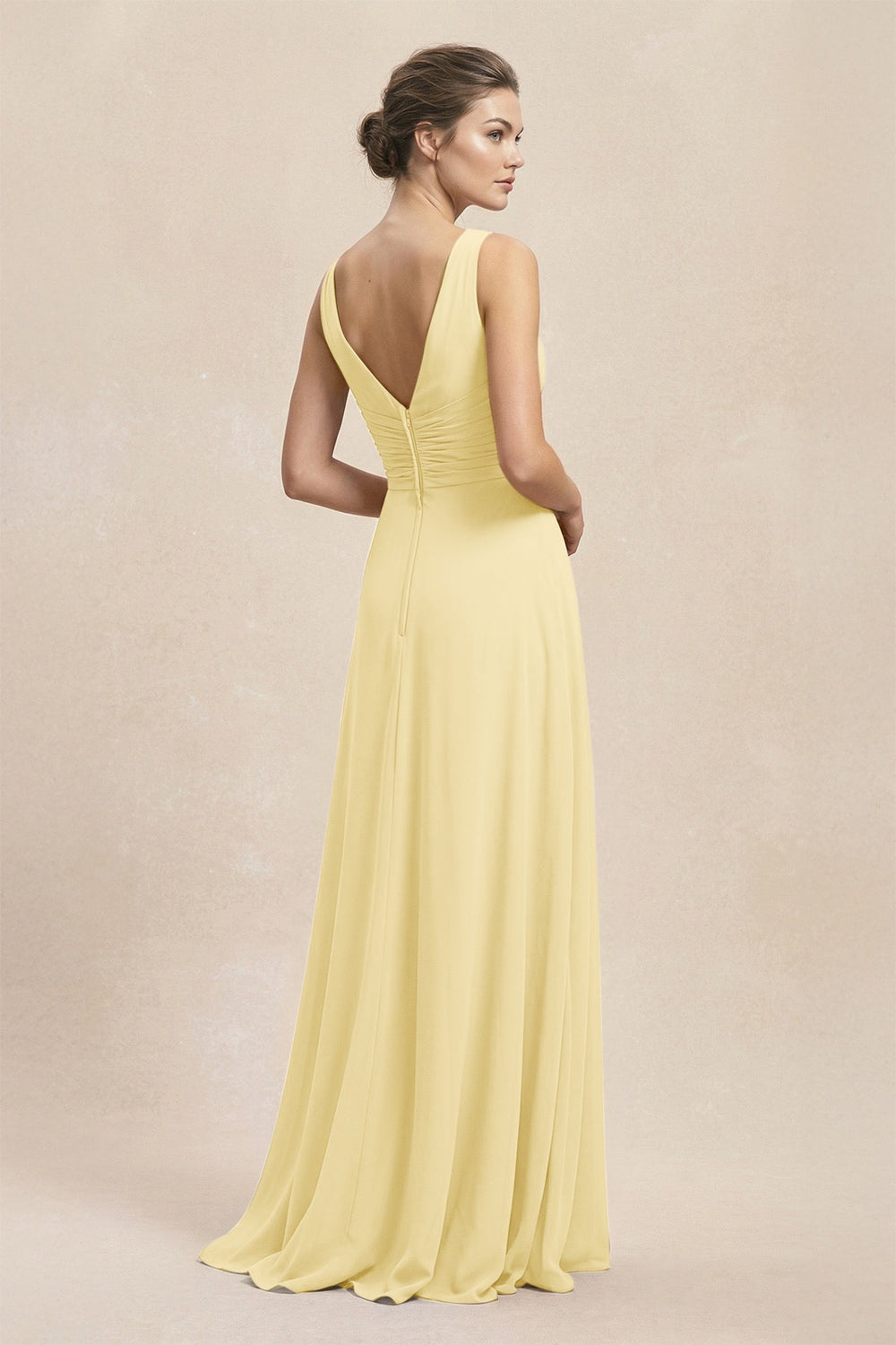 V - Neck Ruffled Ruched Chiffon A - Line Bridesmaid Dress in Pastel Yellow - KISS BRIDAL Bridesmaid Dresses