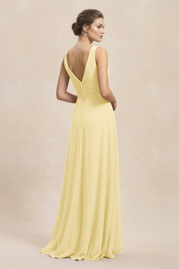V - Neck Ruffled Ruched Chiffon A - Line Bridesmaid Dress in Pastel Yellow - SHE IS ME Bridesmaid Dresses