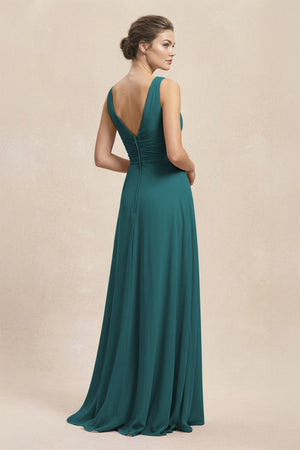V - Neck Ruffled Ruched Chiffon A - Line Bridesmaid Dress in Pine - SHE IS ME Bridesmaid Dresses