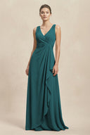 V - Neck Ruffled Ruched Chiffon A - Line Bridesmaid Dress in Pine - SHE IS ME Bridesmaid Dresses
