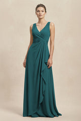 V - Neck Ruffled Ruched Chiffon A - Line Bridesmaid Dress in Pine - KISS BRIDAL Bridesmaid Dresses