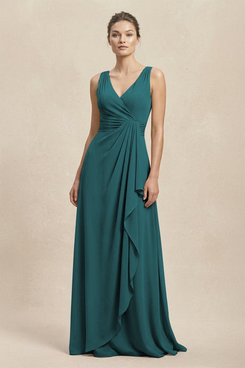 V - Neck Ruffled Ruched Chiffon A - Line Bridesmaid Dress in Pine - SHE IS ME Bridesmaid Dresses