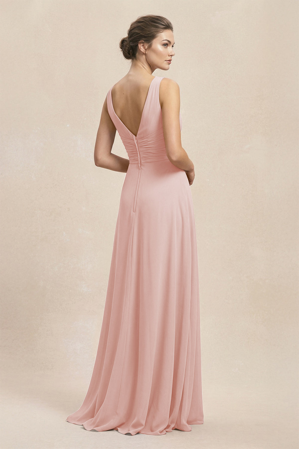 V-Neck Ruffled Ruched Chiffon A-Line Bridesmaid Dress in Rose Petal