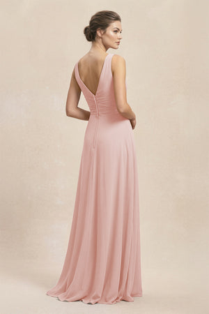 V-Neck Ruffled Ruched Chiffon A-Line Bridesmaid Dress in Rose Petal (2) | KISSBRIDAL