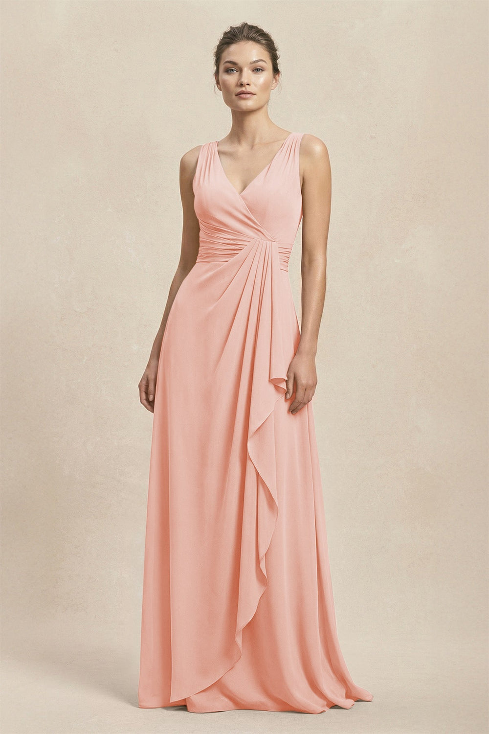V - Neck Ruffled Ruched Chiffon A - Line Bridesmaid Dress in Rose Petal - KISS BRIDAL Bridesmaid Dresses
