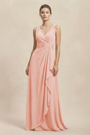 V - Neck Ruffled Ruched Chiffon A - Line Bridesmaid Dress in Rose Petal - SHE IS ME Bridesmaid Dresses