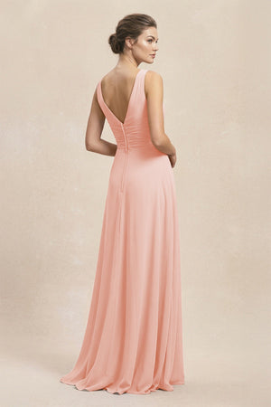 V - Neck Ruffled Ruched Chiffon A - Line Bridesmaid Dress in Rose Petal - SHE IS ME Bridesmaid Dresses