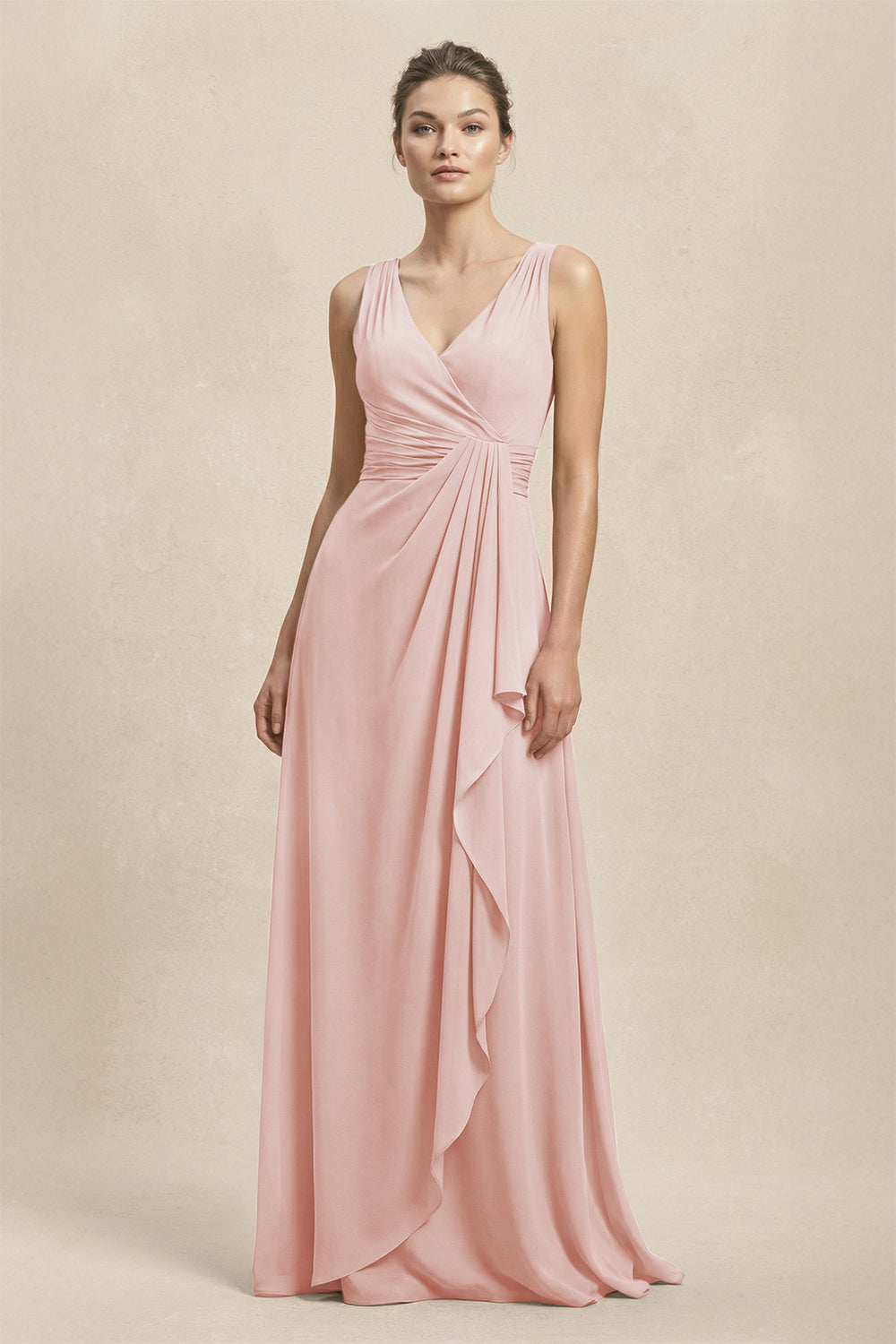 V-Neck Ruffled Ruched Chiffon A-Line Bridesmaid Dress in Rose Petal