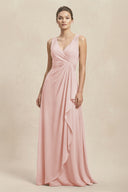 V-Neck Ruffled Ruched Chiffon A-Line Bridesmaid Dress in Rose Petal | KISSBRIDAL