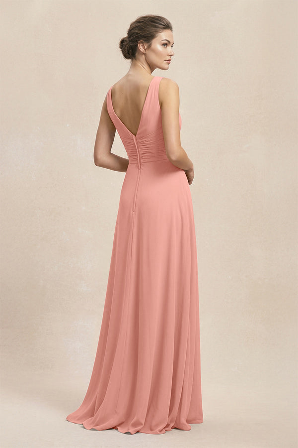 V-Neck Ruffled Ruched Chiffon A-Line Bridesmaid Dress in Rosette (2) | KISSBRIDAL