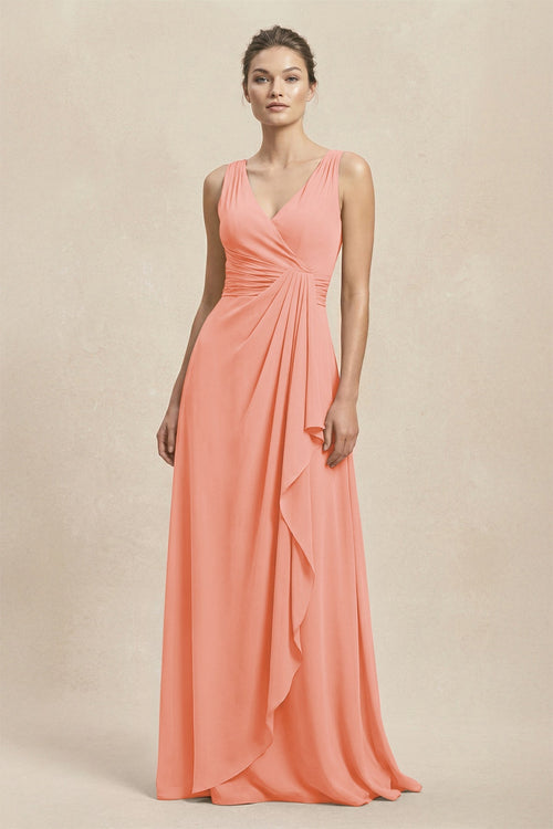 V - Neck Ruffled Ruched Chiffon A - Line Bridesmaid Dress in Rosette - SHE IS ME Bridesmaid Dresses