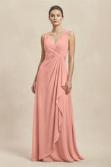 V-Neck Ruffled Ruched Chiffon A-Line Bridesmaid Dress in Rosette | KISSBRIDAL