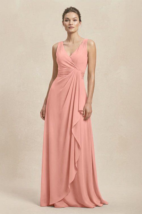 V-Neck Ruffled Ruched Chiffon A-Line Bridesmaid Dress in Rosette | KISSBRIDAL