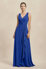 V - Neck Ruffled Ruched Chiffon A - Line Bridesmaid Dress in Royal Blue - KISS BRIDAL Bridesmaid Dresses