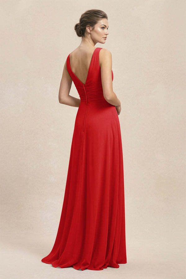 V - Neck Ruffled Ruched Chiffon A - Line Bridesmaid Dress in Ruby Red - SHE IS ME Bridesmaid Dresses