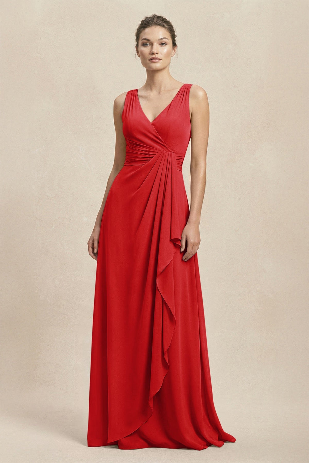 V - Neck Ruffled Ruched Chiffon A - Line Bridesmaid Dress in Ruby Red - KISS BRIDAL Bridesmaid Dresses