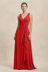 V - Neck Ruffled Ruched Chiffon A - Line Bridesmaid Dress in Ruby Red - KISS BRIDAL Bridesmaid Dresses