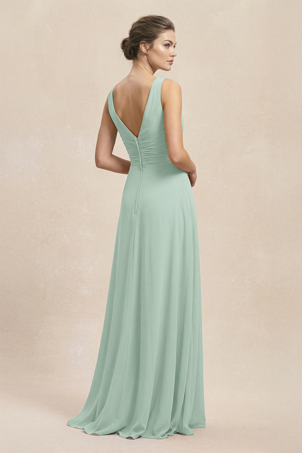 V-Neck Ruffled Ruched Chiffon A-Line Bridesmaid Dress in Sage
