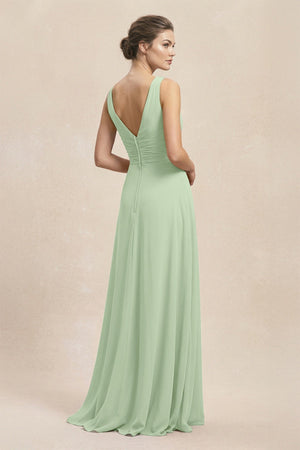 V - Neck Ruffled Ruched Chiffon A - Line Bridesmaid Dress in Sage - SHE IS ME Bridesmaid Dresses