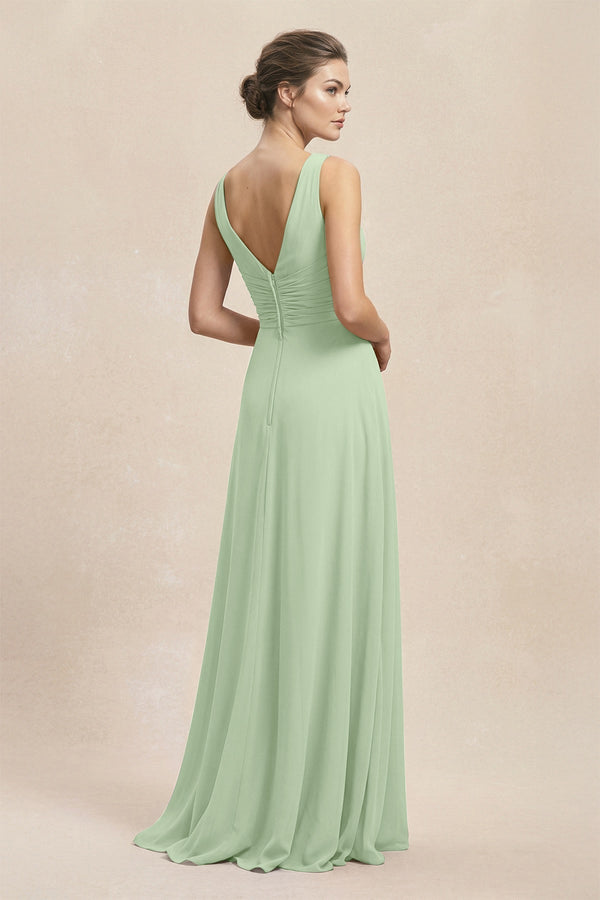 V - Neck Ruffled Ruched Chiffon A - Line Bridesmaid Dress in Sage - SHE IS ME Bridesmaid Dresses