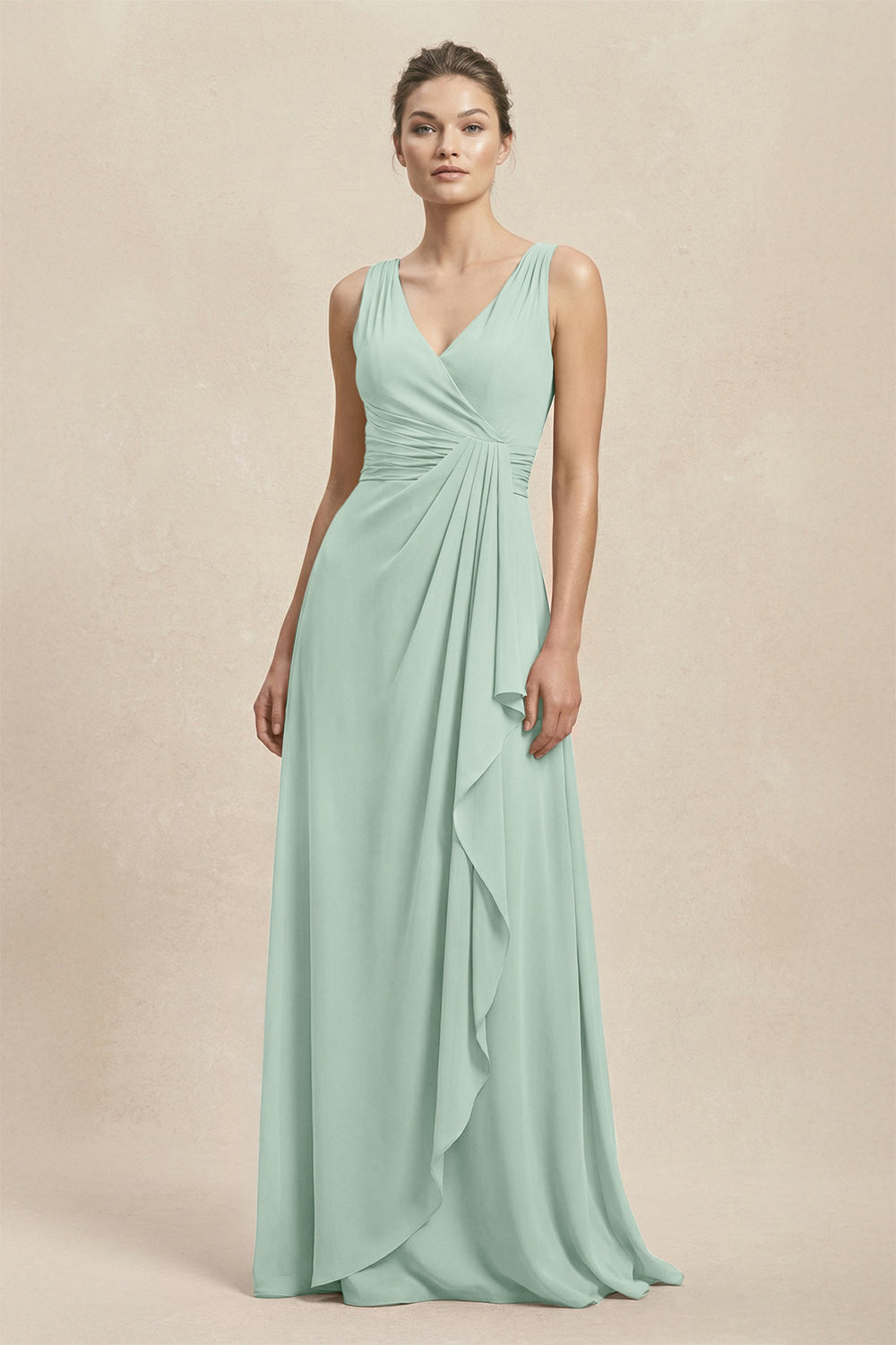 V-Neck Ruffled Ruched Chiffon A-Line Bridesmaid Dress in Sage